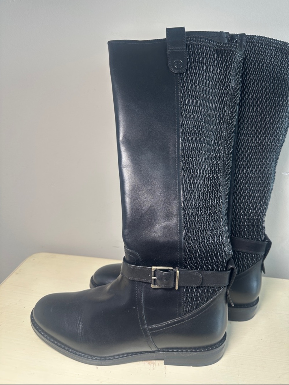 Cole Haan clover stretch Black Women's tall round zipper Riding Boots
